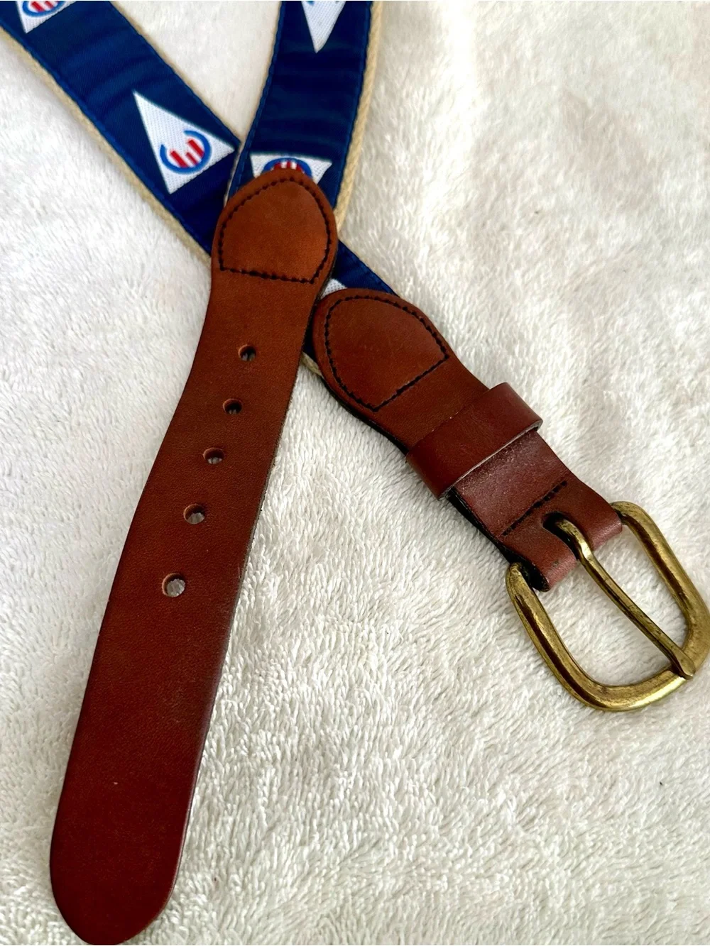 Vintage Leatherman Ltd Nautical Flag Canvas Brown Leather Brass Belt Sz 40